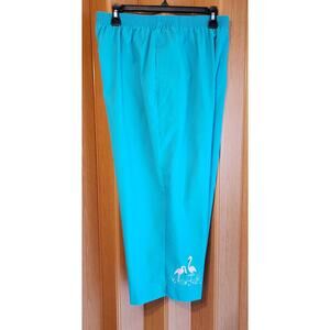BonWorth size large turquoise embroidered  capri pink flamingo casual pants